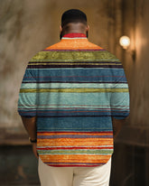 Big & Tall Men's Vintage Ethnic Color Stripe Art Print Long Sleeve Bamboo Hemp Texture Shirt